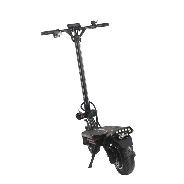 Trottinette vue de l’arrière, avec les feux sur le garde-boue et la béquille.